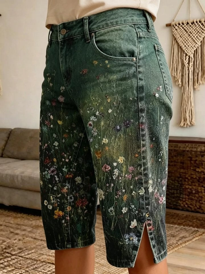 Women's vintage oil painting wildflower distressed print side-slit denim Bermuda shorts