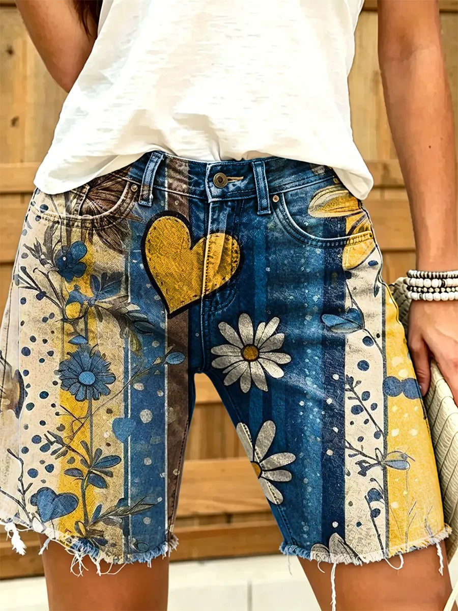 Women's Retro Heart Daisy Striped Distressed Print Frayed Denim Bermuda Shorts