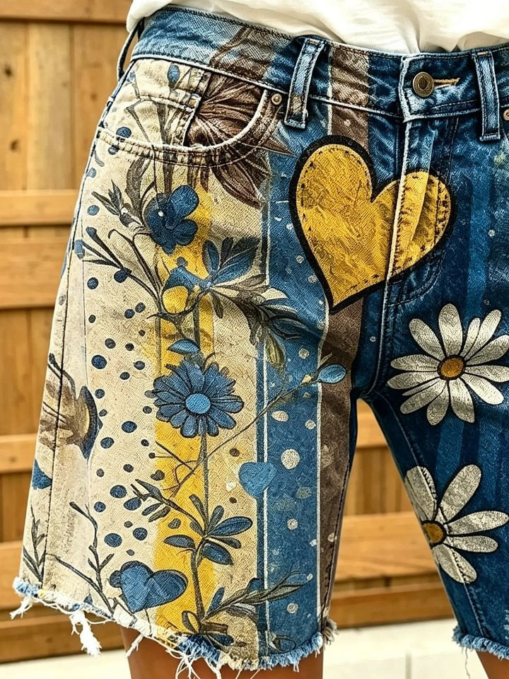 Women's Retro Heart Daisy Striped Distressed Print Frayed Denim Bermuda Shorts