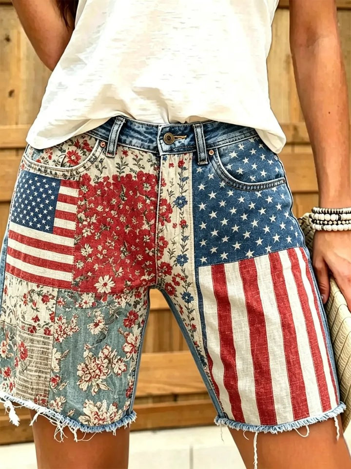 Women's American flag floral patchwork distressed print frayed denim Bermuda shorts