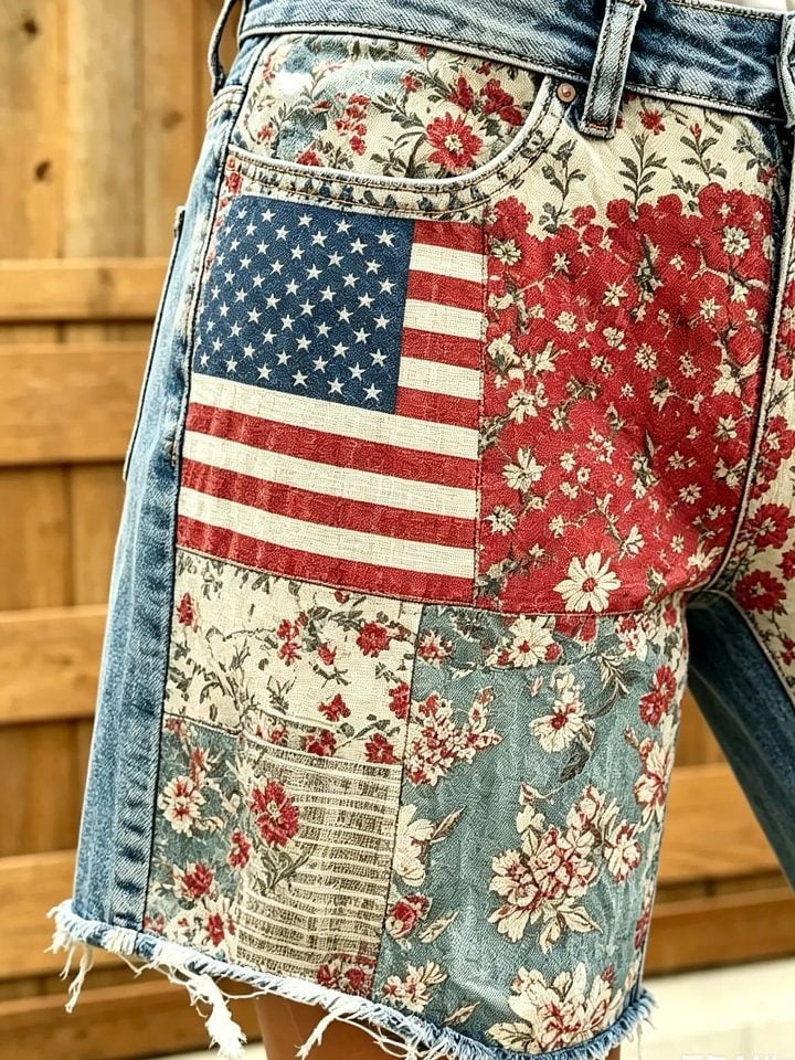 Women's American flag floral patchwork distressed print frayed denim Bermuda shorts