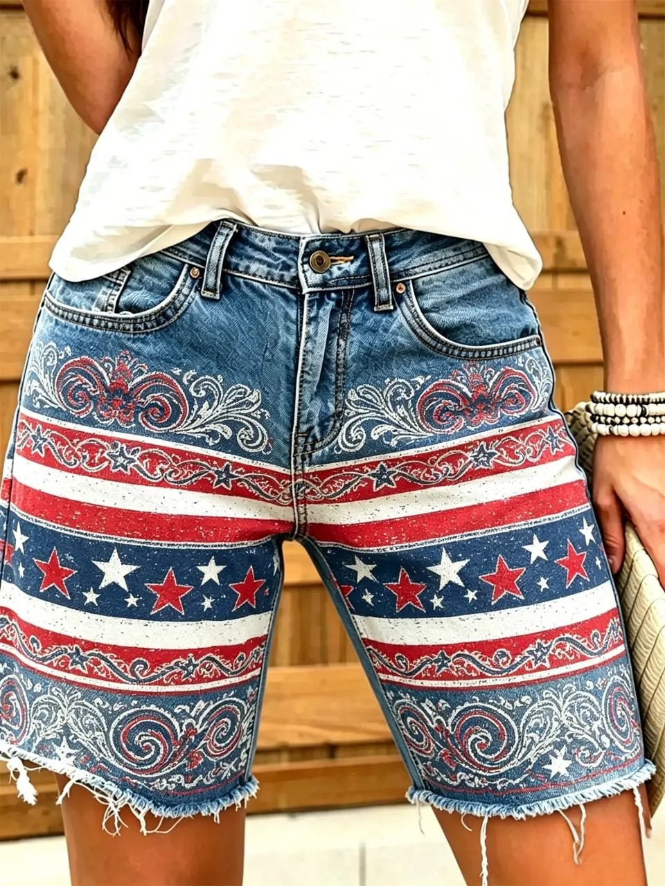 Women's American flag scroll star print frayed denim Bermuda shorts