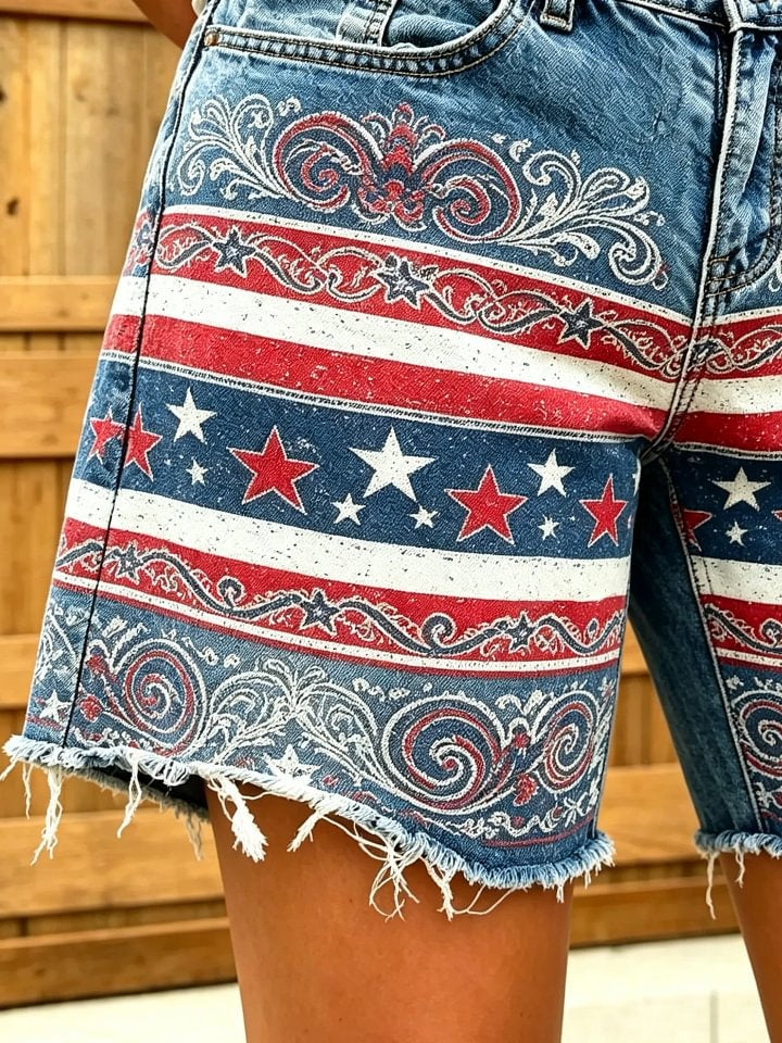 Women's American flag scroll star print frayed denim Bermuda shorts