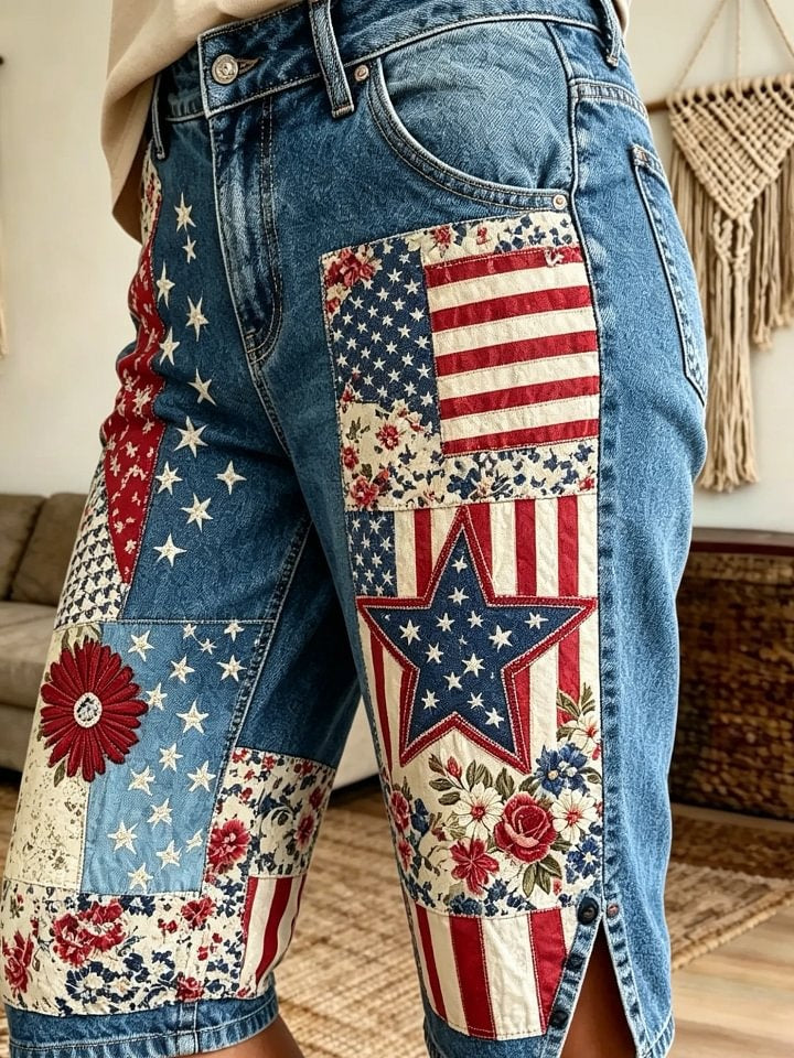 Women's American flag star-patterned floral patchwork denim Bermuda shorts with side slits