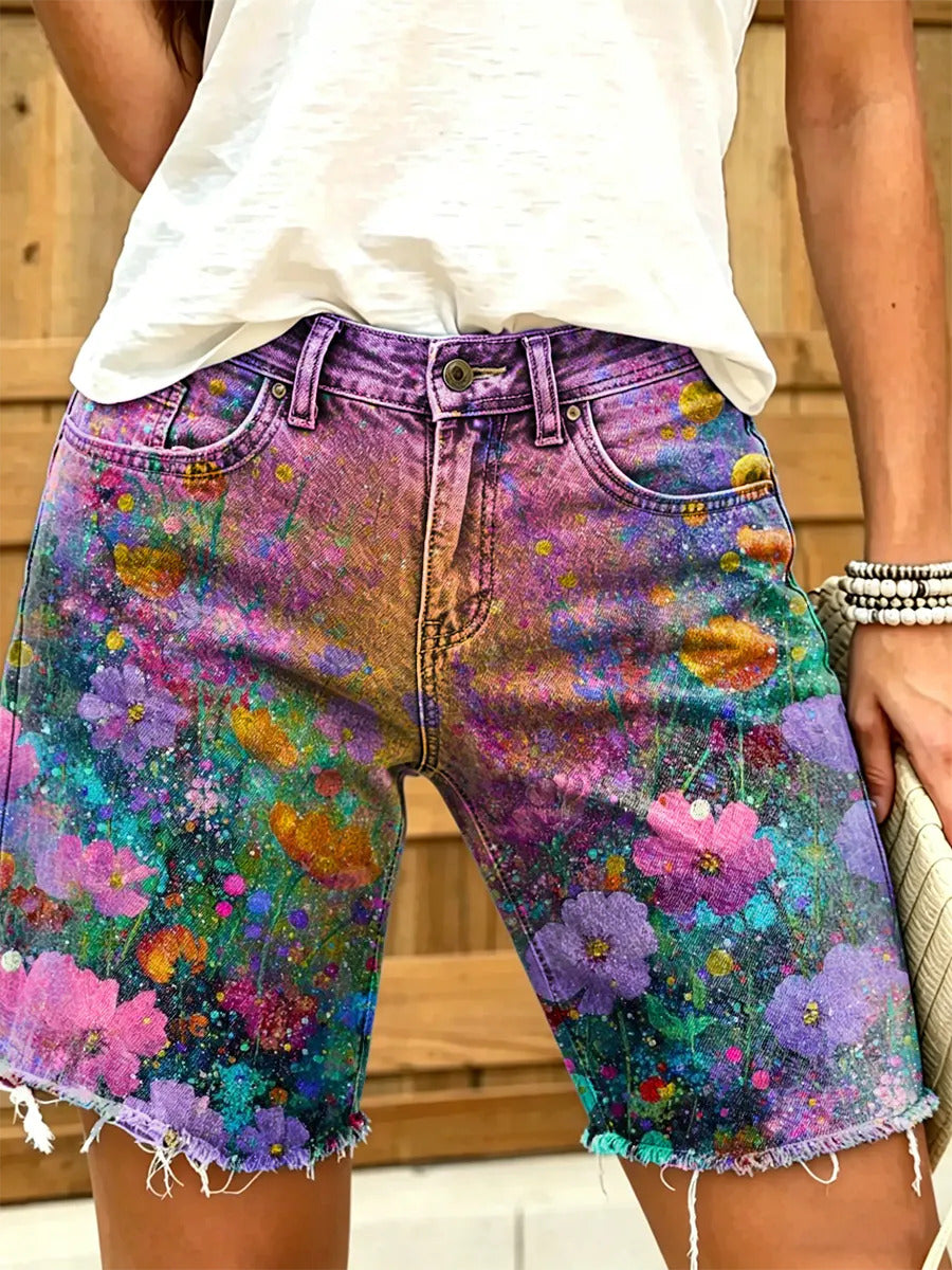Women's Dreamy Gradient Floral Distressed Print Frayed Denim Bermuda Shorts