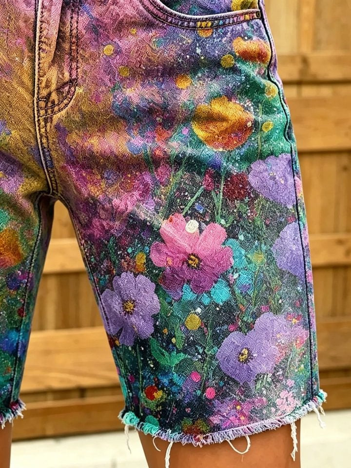 Women's Dreamy Gradient Floral Distressed Print Frayed Denim Bermuda Shorts