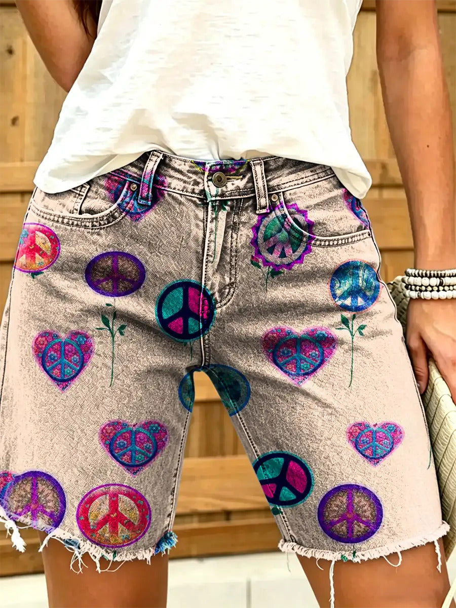 Women's Hippie Print Art Denim Shorts