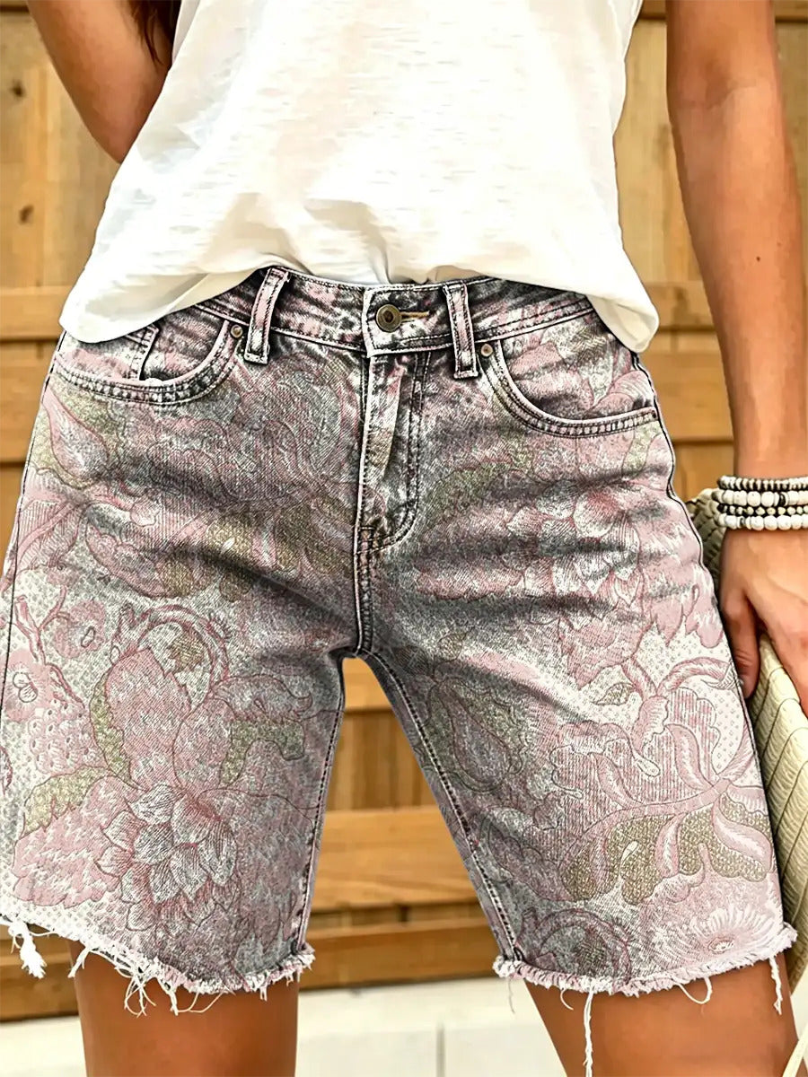 Women's Retro Print Denim Shorts