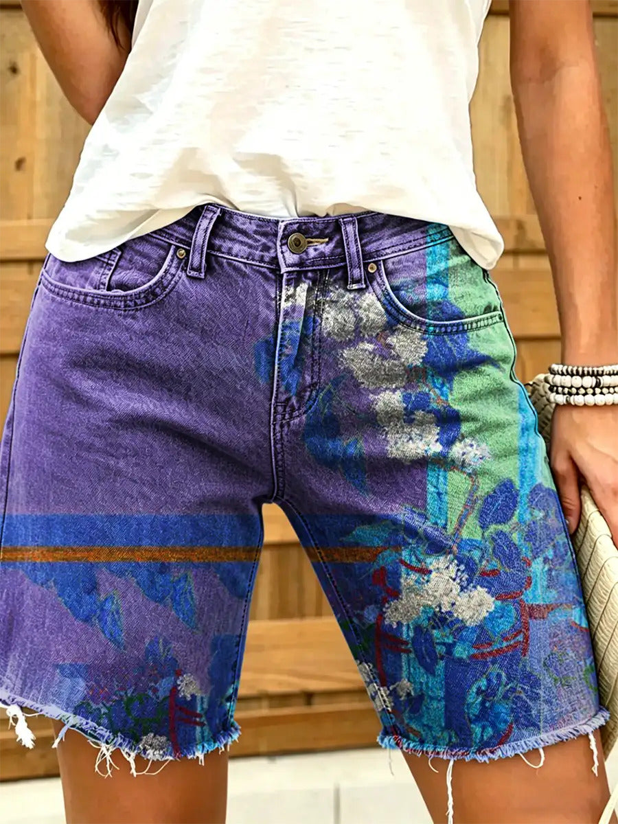 Women's Retro Print Denim Shorts