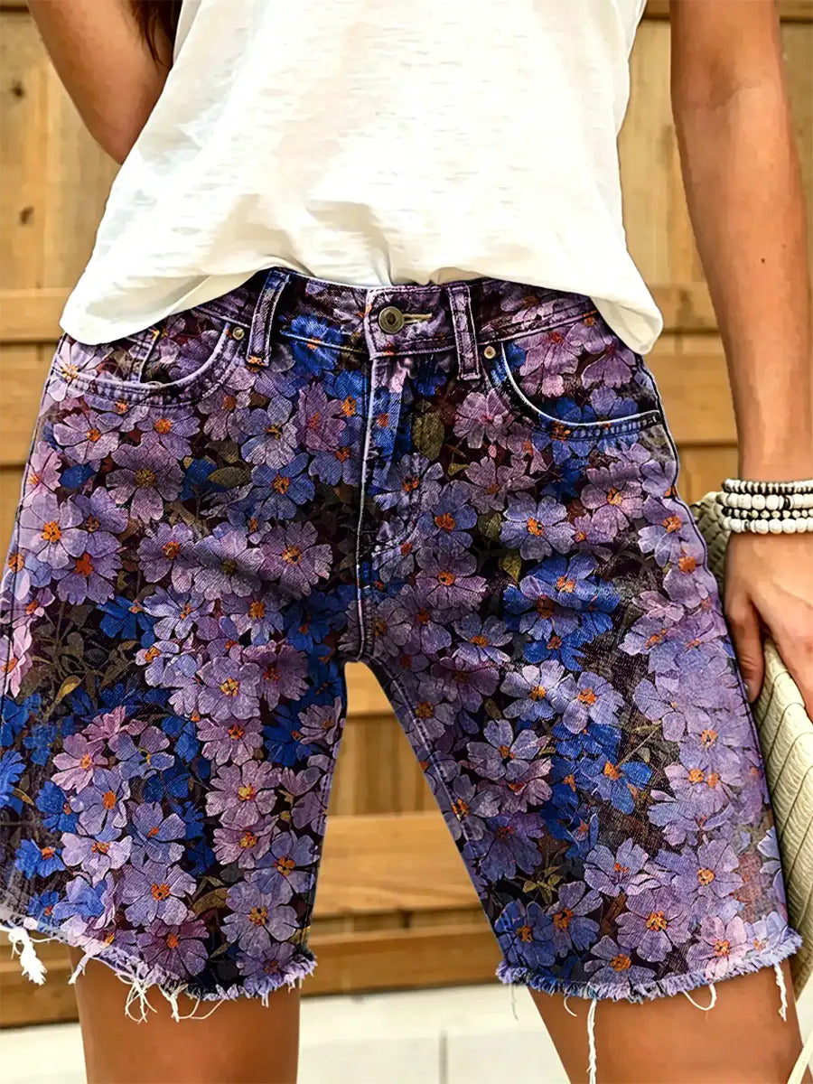 Women's Retro Print Denim Shorts