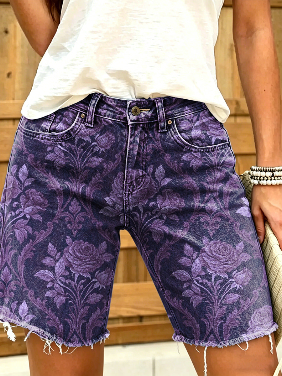 Women's Retro Ethnic Floral Art Print Casual Washed Cotton Denim Shorts