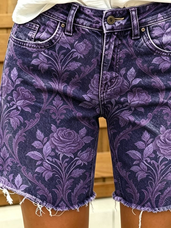 Women's Retro Ethnic Floral Art Print Casual Washed Cotton Denim Shorts