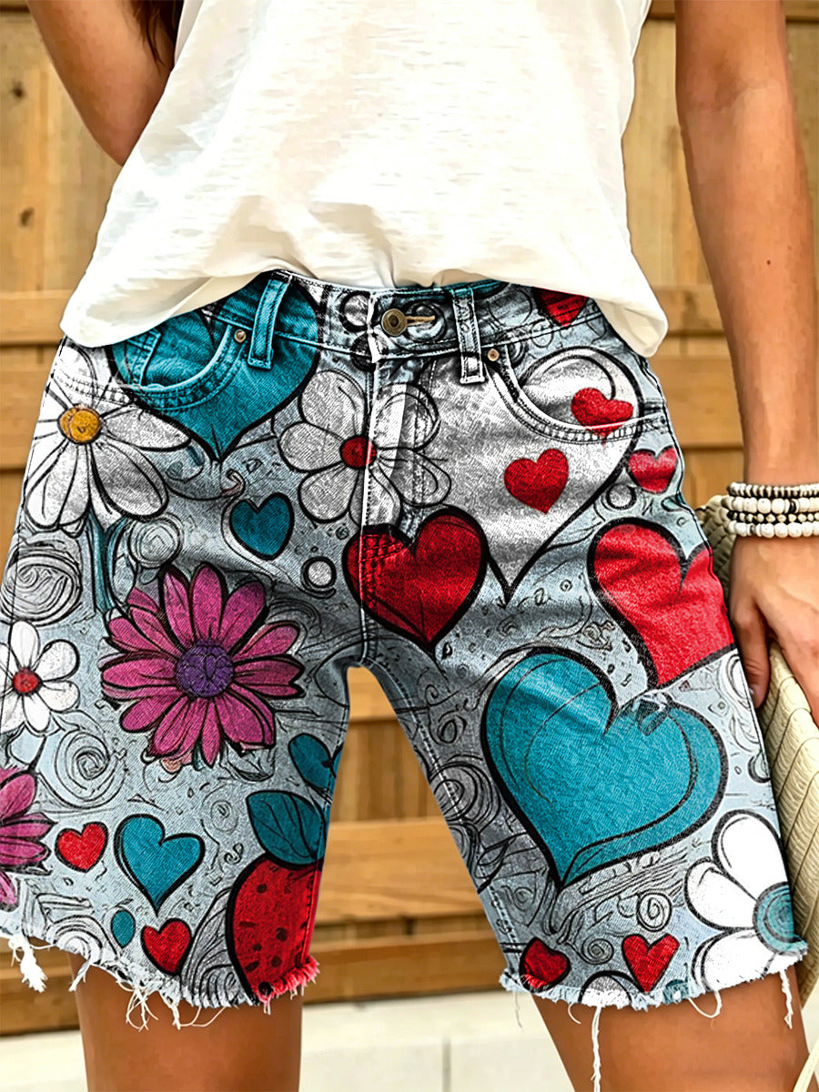 Women's hippie style floral heart art print casual washed cotton denim shorts