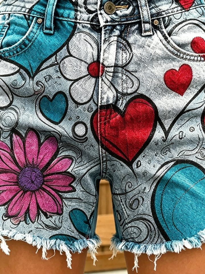 Women's hippie style floral heart art print casual washed cotton denim shorts