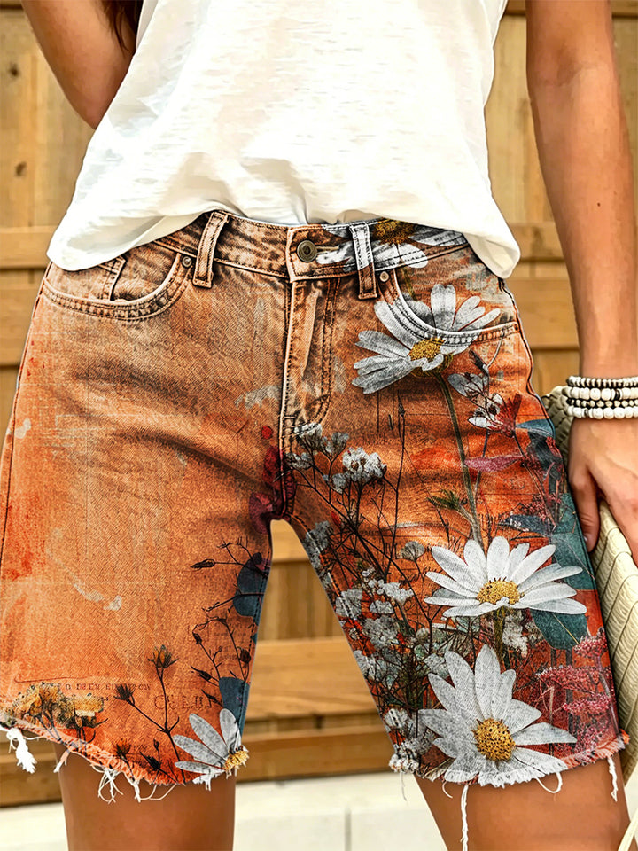 Women's Retro Floral Art Print Casual Washed Cotton Denim Shorts