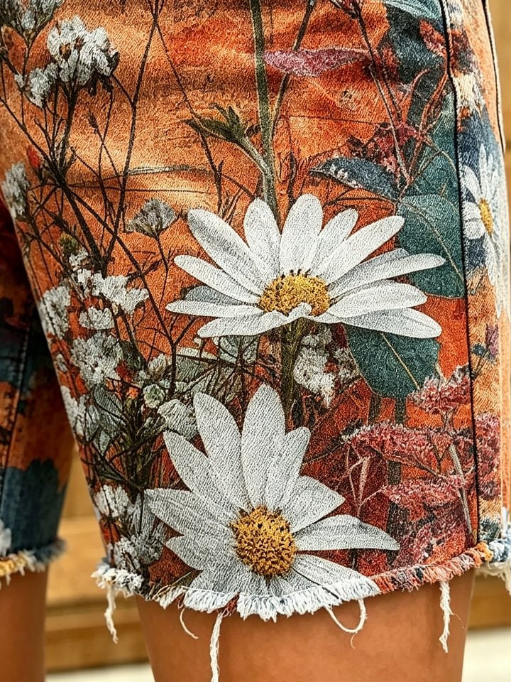 Women's Retro Floral Art Print Casual Washed Cotton Denim Shorts