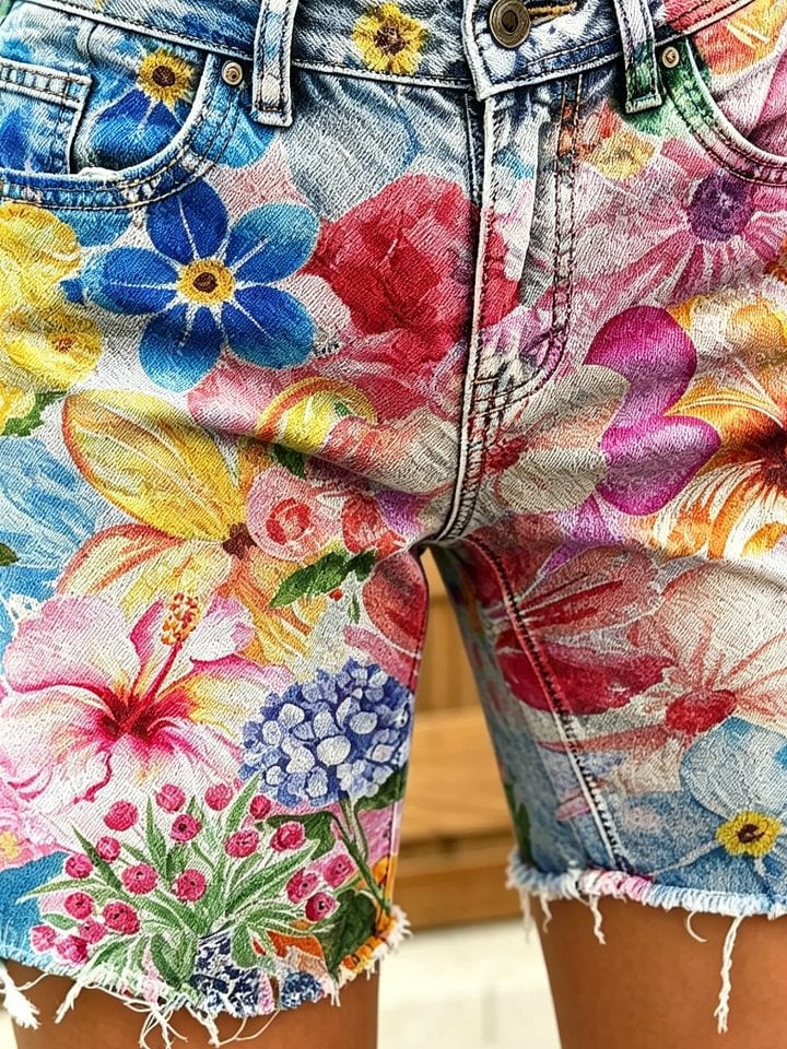 Women's Retro Colorful Floral Art Print Casual Washed Cotton Denim Shorts