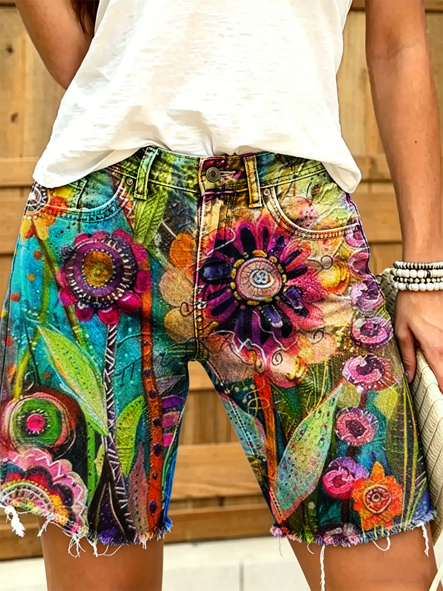 Women's Colorful Floral Art Print Casual Washed Cotton Denim Shorts