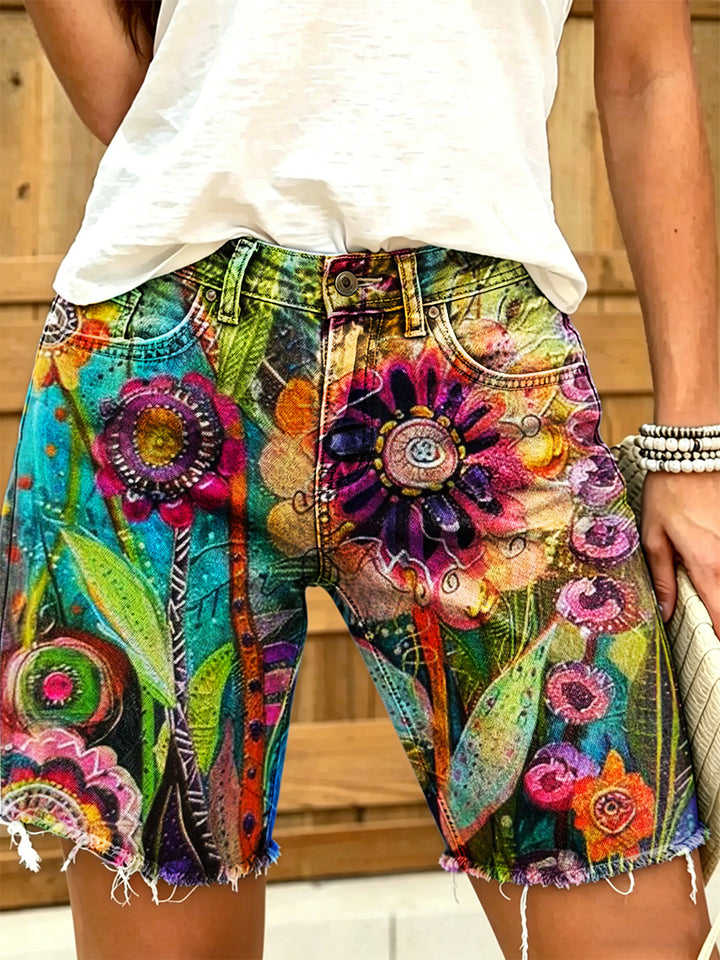 Women's Colorful Floral Art Print Casual Washed Cotton Denim Shorts