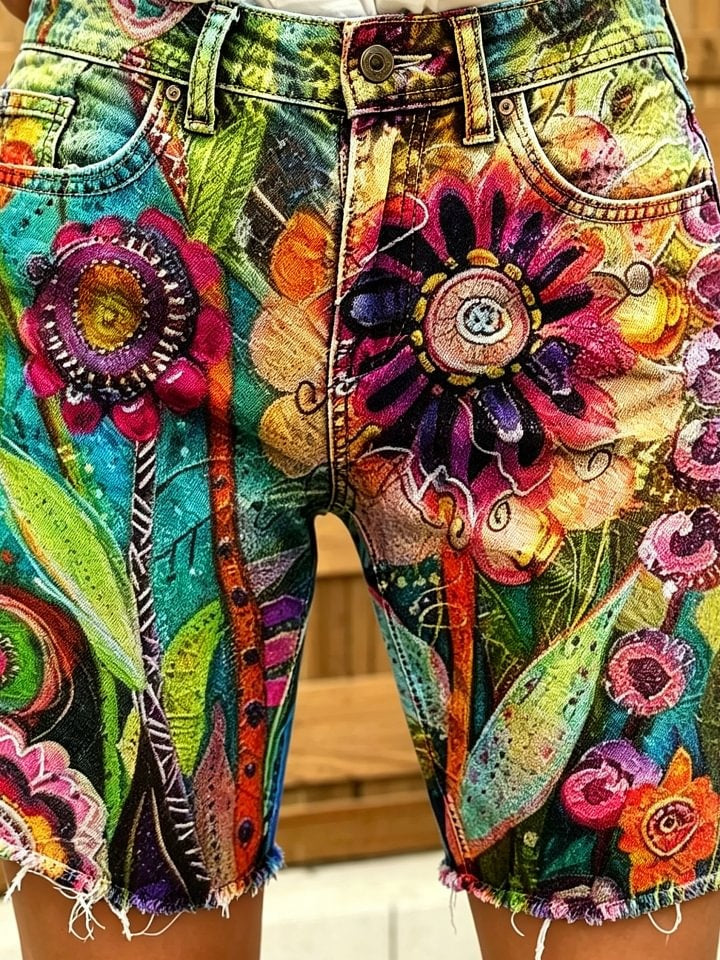 Women's Colorful Floral Art Print Casual Washed Cotton Denim Shorts