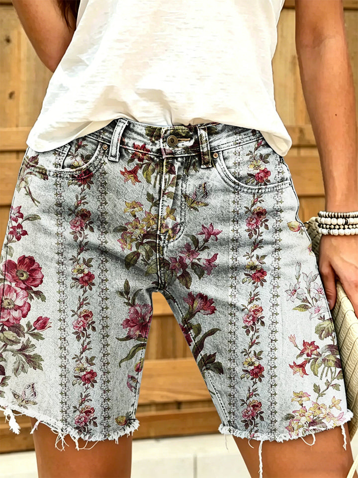 Women's Retro Ethnic Style Floral Striped Art Print Casual Washed Cotton Denim Shorts