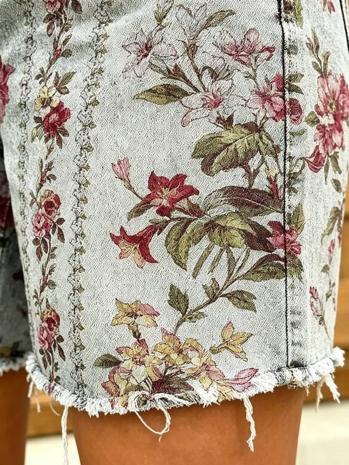 Women's Retro Ethnic Style Floral Striped Art Print Casual Washed Cotton Denim Shorts