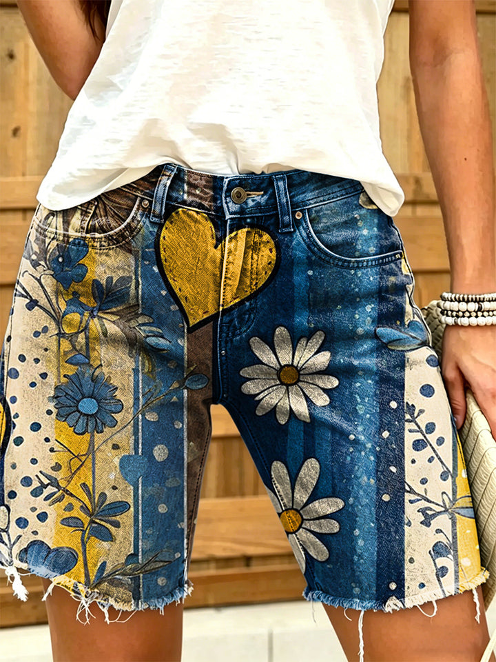 Women's Retro Floral Striped Art Print Casual Washed Cotton Denim Shorts