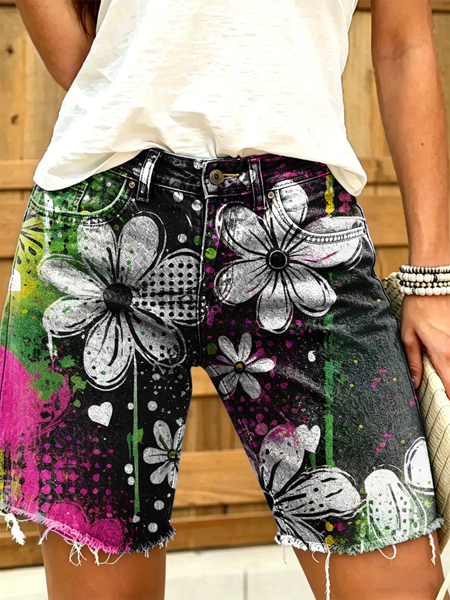 Women's Retro Hippie Style Floral Art Print Casual Washed Cotton Denim Shorts