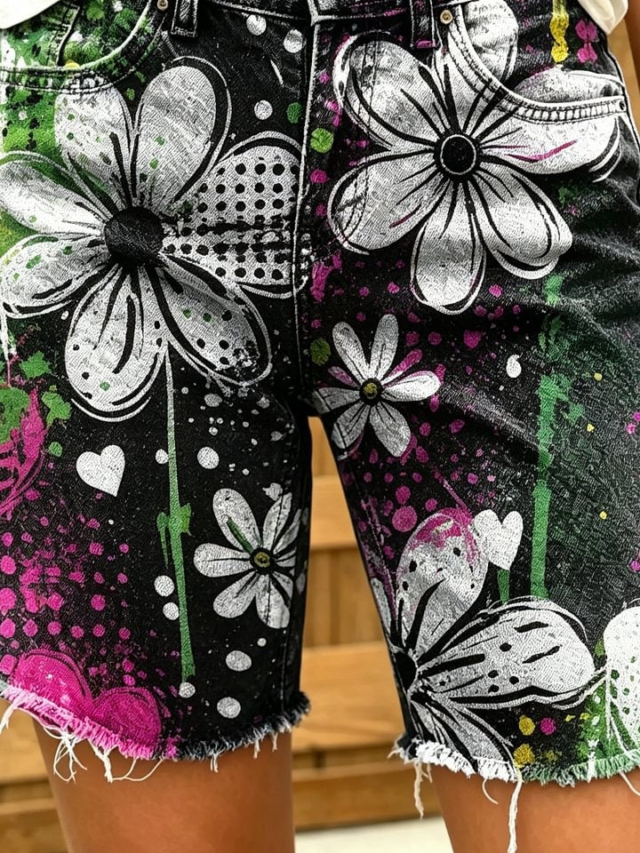 Women's Retro Hippie Style Floral Art Print Casual Washed Cotton Denim Shorts