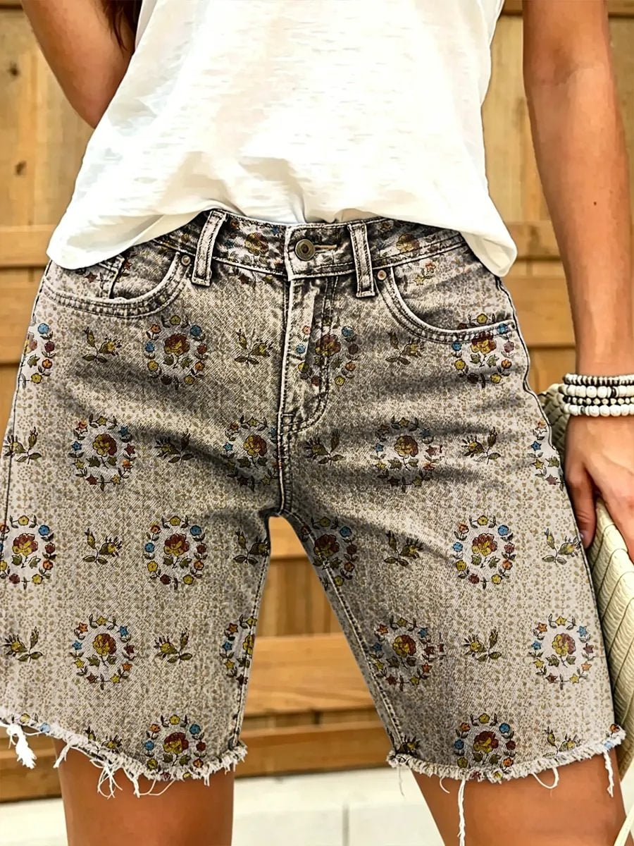 Retro floral geometric pattern women's art print casual denim shorts