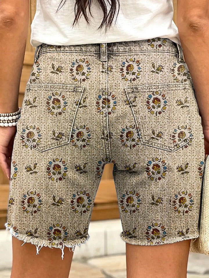 Retro floral geometric pattern women's art print casual denim shorts
