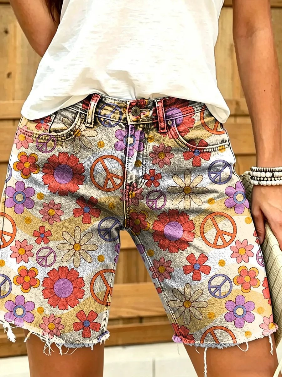 Hippie Bohemian Floral Pattern Women's Art Print Casual Denim Shorts