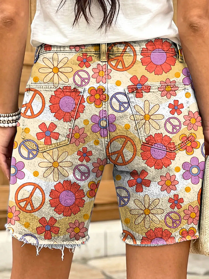 Hippie Bohemian Floral Pattern Women's Art Print Casual Denim Shorts