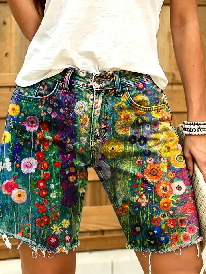 Retro Colorful Abstract Floral Art Print Casual Denim Shorts for Women