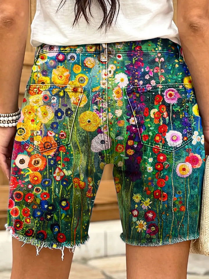 Retro Colorful Abstract Floral Art Print Casual Denim Shorts for Women