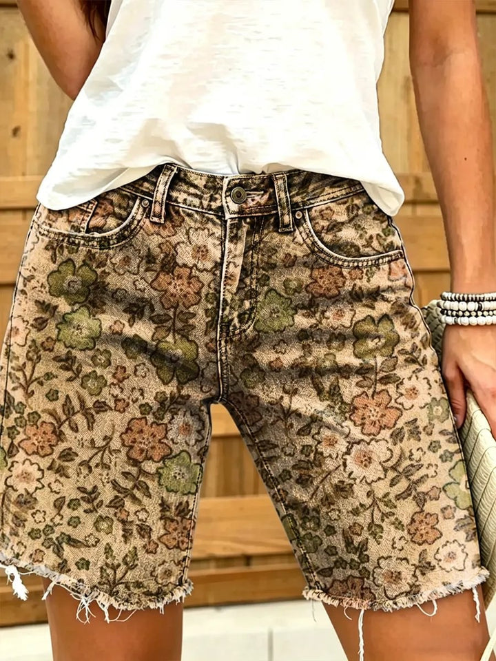 Retro ethnic floral pattern women's art print casual denim shorts