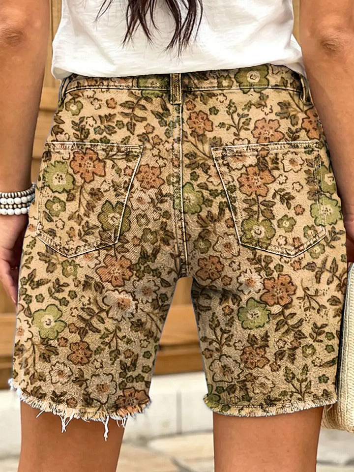 Retro ethnic floral pattern women's art print casual denim shorts