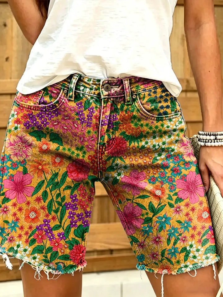 Retro floral print women's art print casual denim shorts