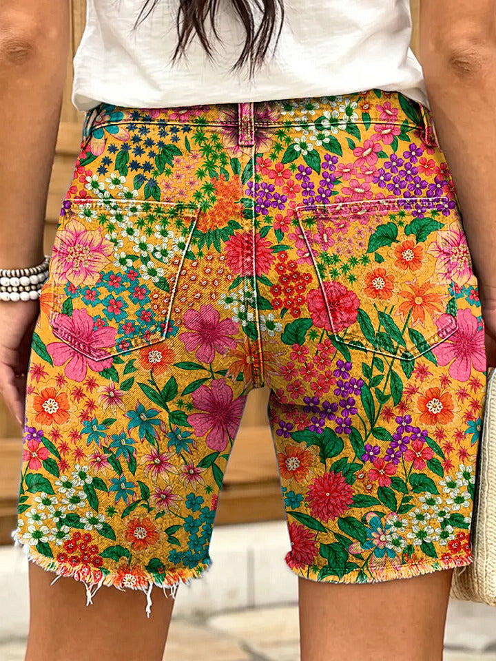 Retro floral print women's art print casual denim shorts