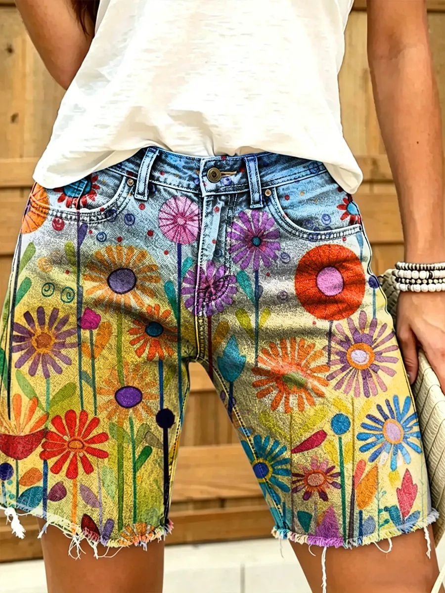 Retro ethnic style colorful floral watercolor print women's casual denim shorts