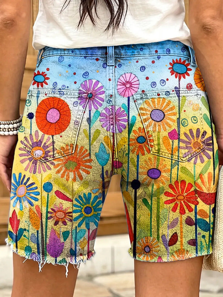 Retro ethnic style colorful floral watercolor print women's casual denim shorts