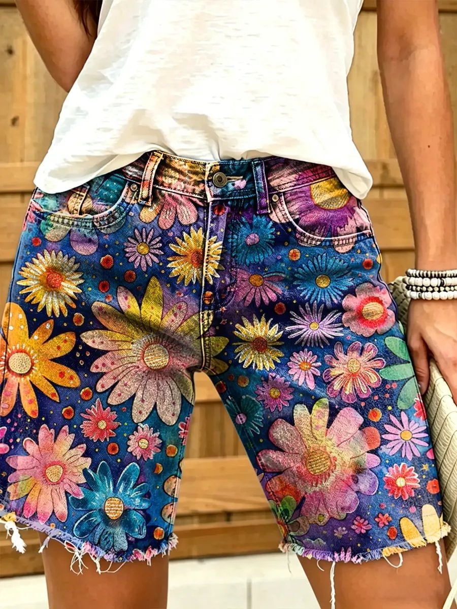 Ethnicity Colorful Watercolor Flowers Women's Art Print Casual Denim Shorts
