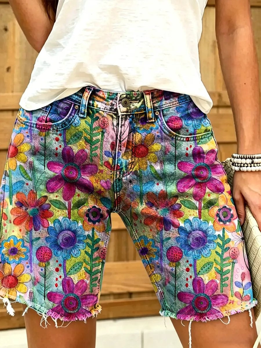 Retro ethnic style watercolor floral art print women's casual denim shorts