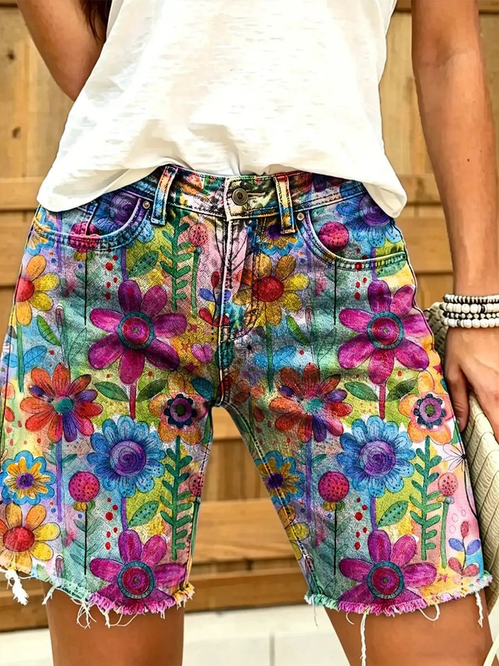 Retro ethnic style watercolor floral art print women's casual denim shorts