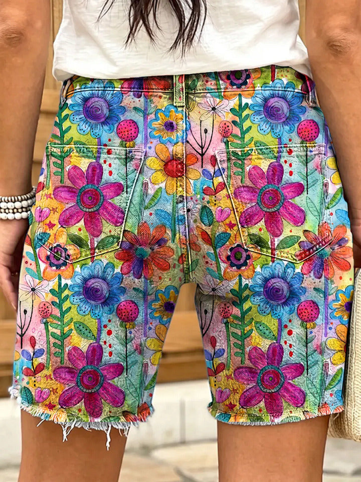 Retro ethnic style watercolor floral art print women's casual denim shorts