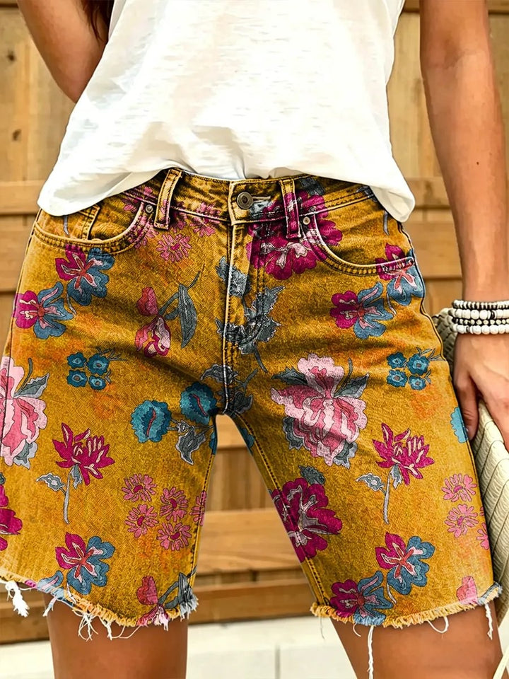 Retro floral print women's art print casual denim shorts