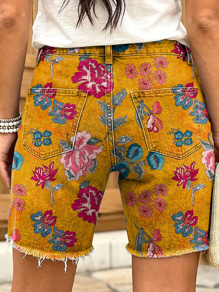 Retro floral print women's art print casual denim shorts