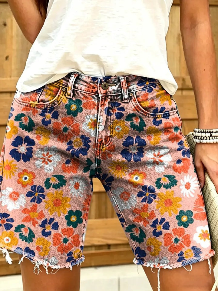 Retro ethnic style colorful geometric floral pattern women's art print casual denim shorts