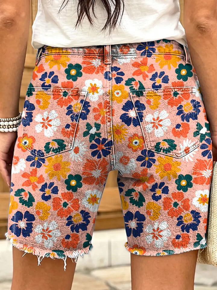 Retro ethnic style colorful geometric floral pattern women's art print casual denim shorts