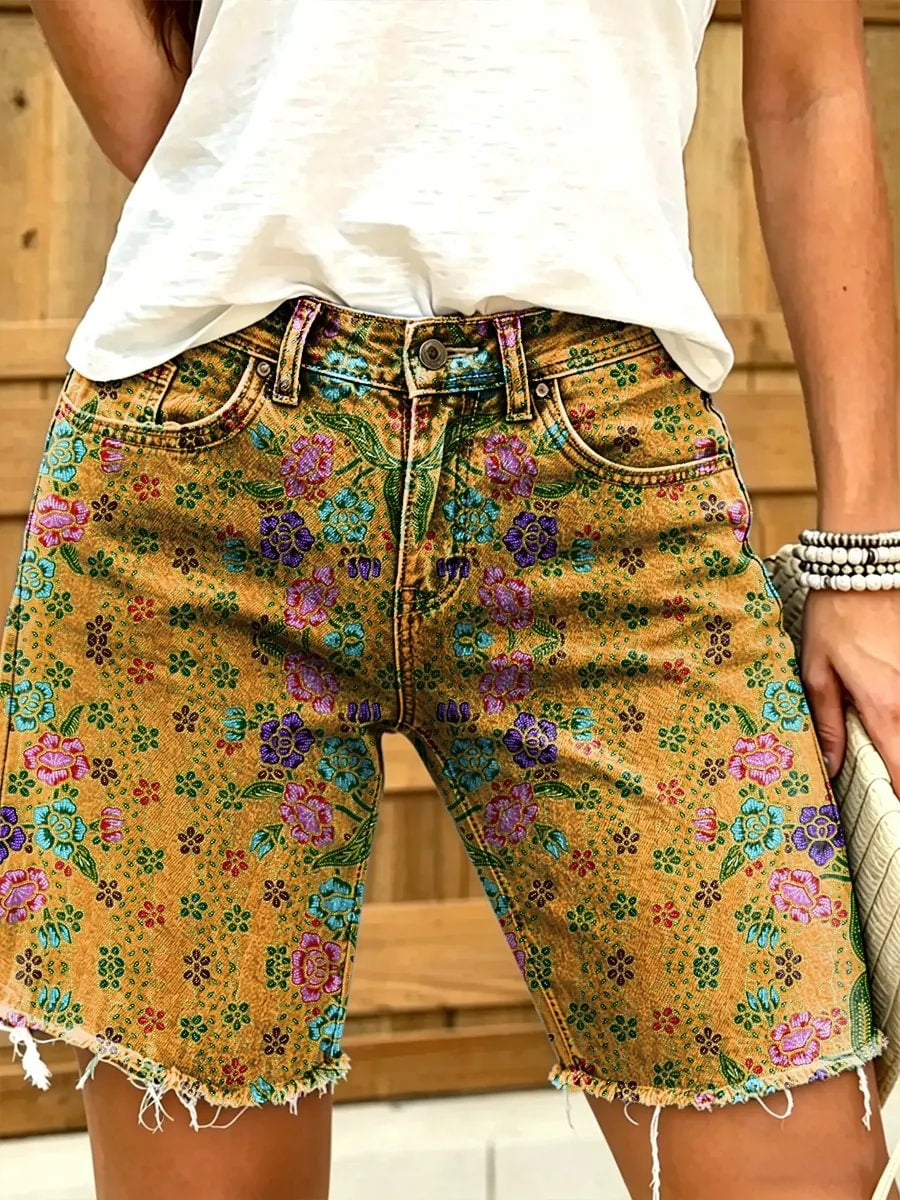 Retro Ethnicity Geometry Flowers Women's Art Print Casual Denim Shorts